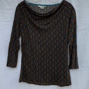 Boden Blue and Brown Cowl Neck 3/4 sleeve wool mix top